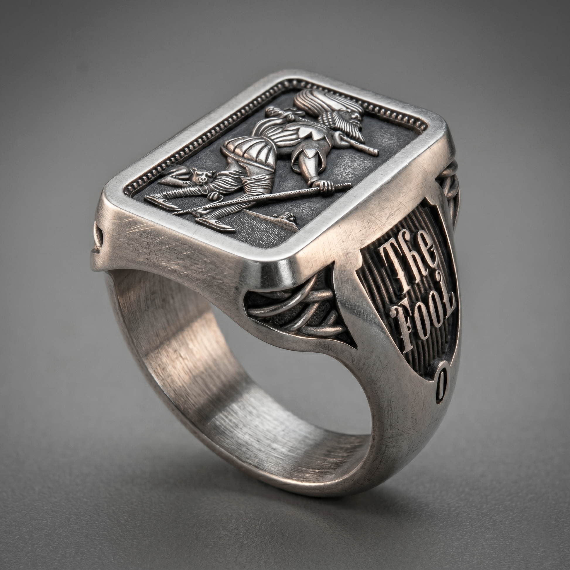 The Fool Tarot sterling silver signet ring by INDIGO Jewelry Atelier, handcrafted esoteric ring inspired by Marseille Tarot
