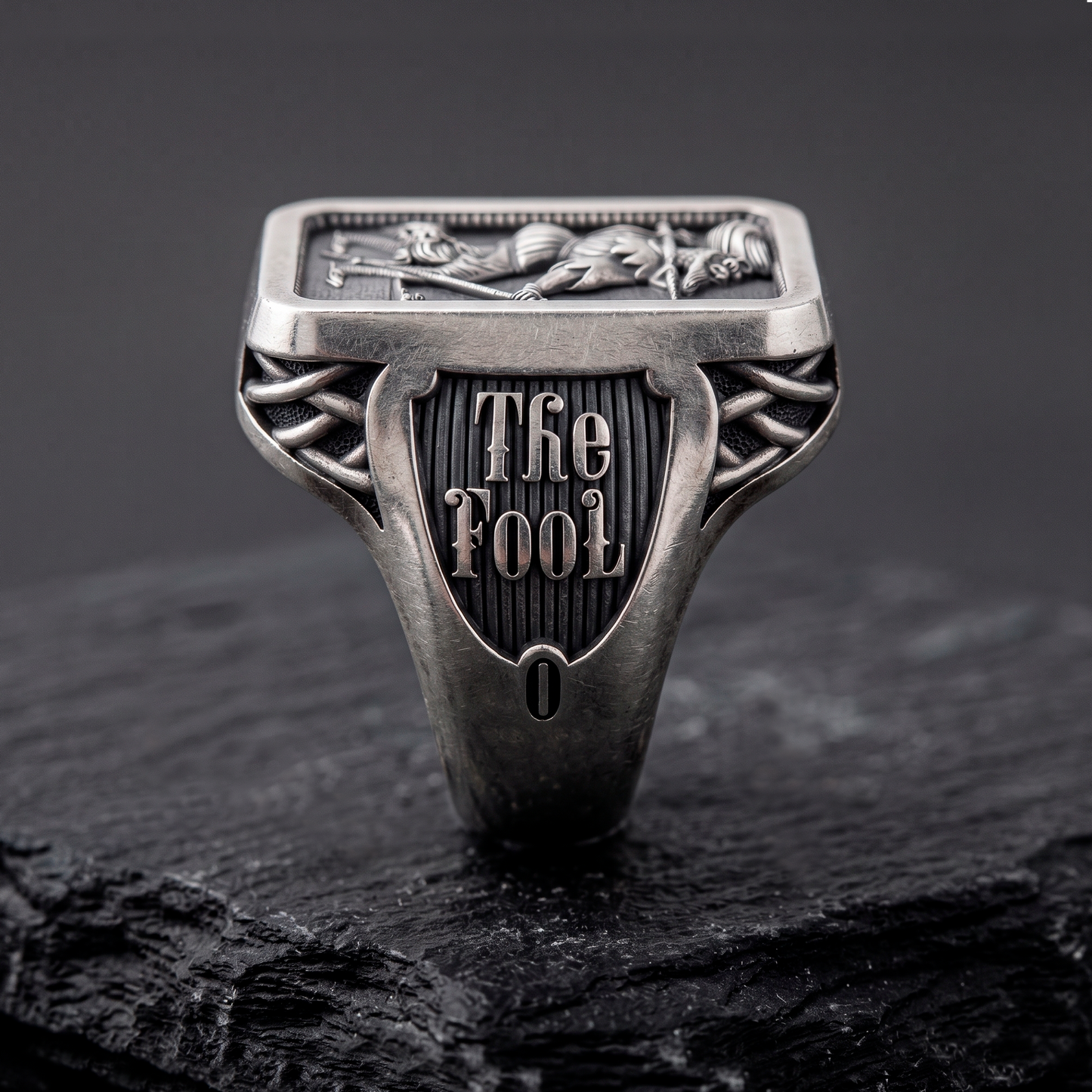 Front view of The Fool Tarot signet ring in oxidized sterling silver by INDIGO Jewelry Atelier, Major Arcana No. 0