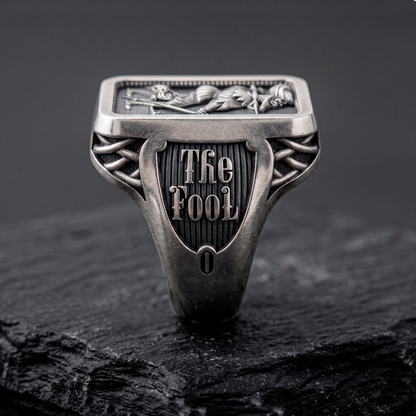 Front view of The Fool Tarot signet ring in oxidized sterling silver by INDIGO Jewelry Atelier, Major Arcana No. 0