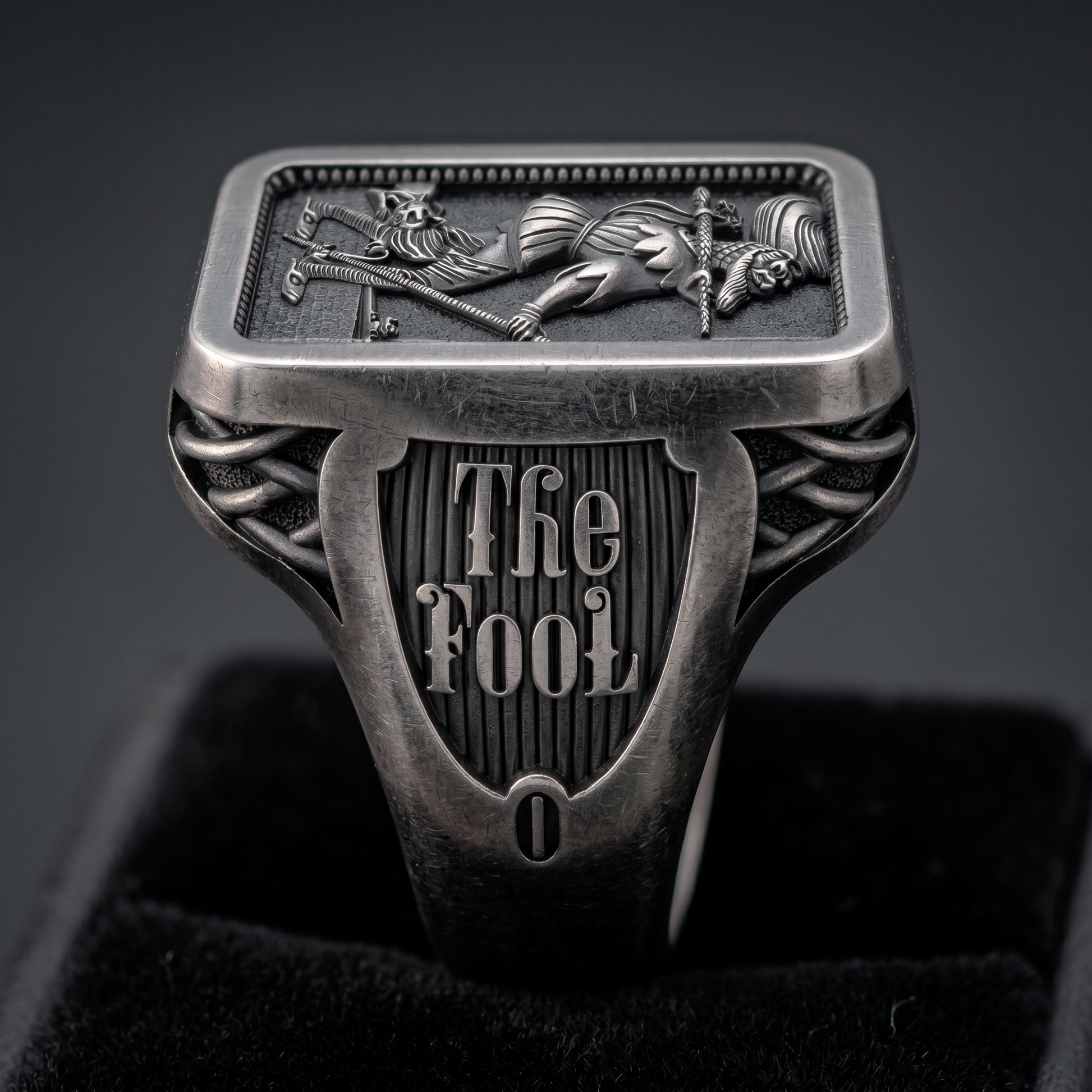 Close-up of The Fool Tarot card signet ring by INDIGO Jewelry Atelier, handcrafted sterling silver Major Arcana ring