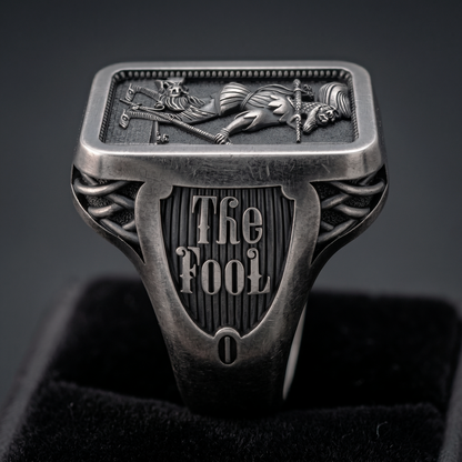 Close-up of The Fool Tarot card signet ring by INDIGO Jewelry Atelier, handcrafted sterling silver Major Arcana ring
