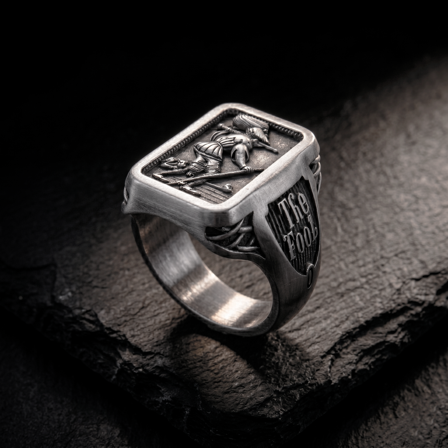 Handcrafted Fool Tarot signet ring in sterling silver by INDIGO Jewelry Atelier, esoteric jewelry inspired by tarot symbolism