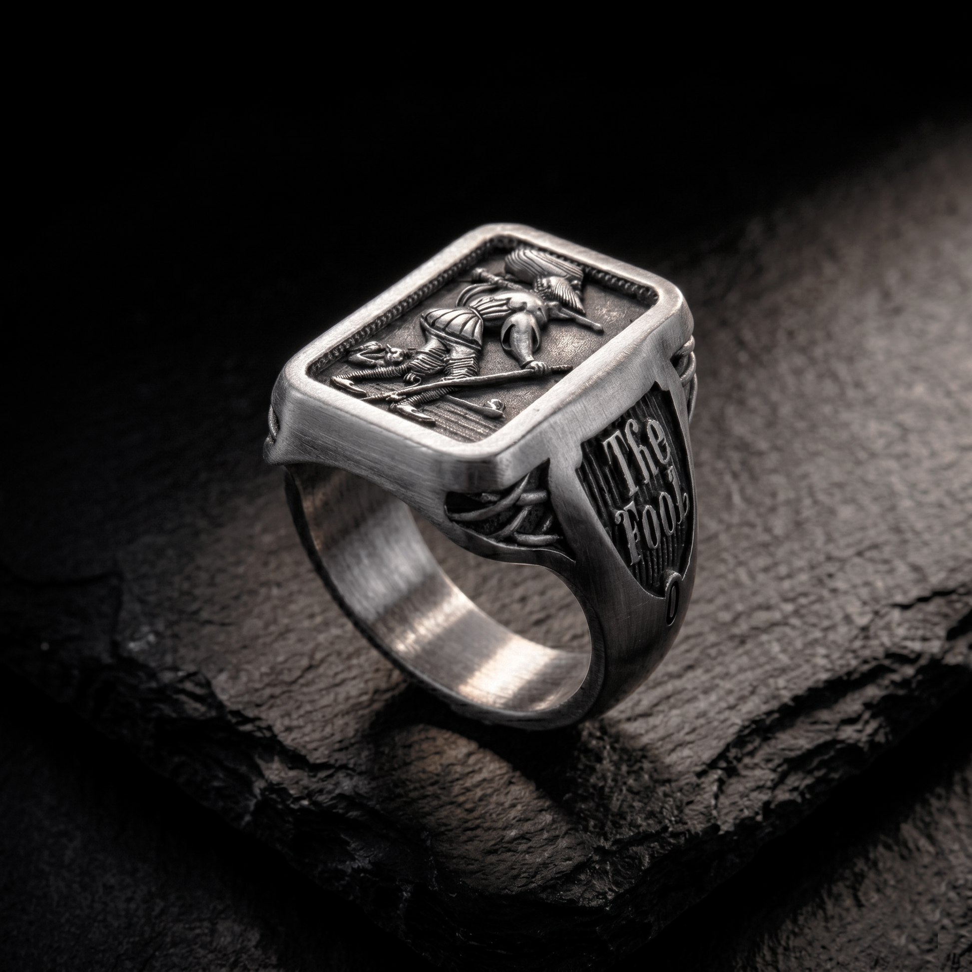 Handcrafted Fool Tarot signet ring in sterling silver by INDIGO Jewelry Atelier, esoteric jewelry inspired by tarot symbolism