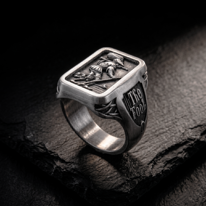 Handcrafted Fool Tarot signet ring in sterling silver by INDIGO Jewelry Atelier, esoteric jewelry inspired by tarot symbolism