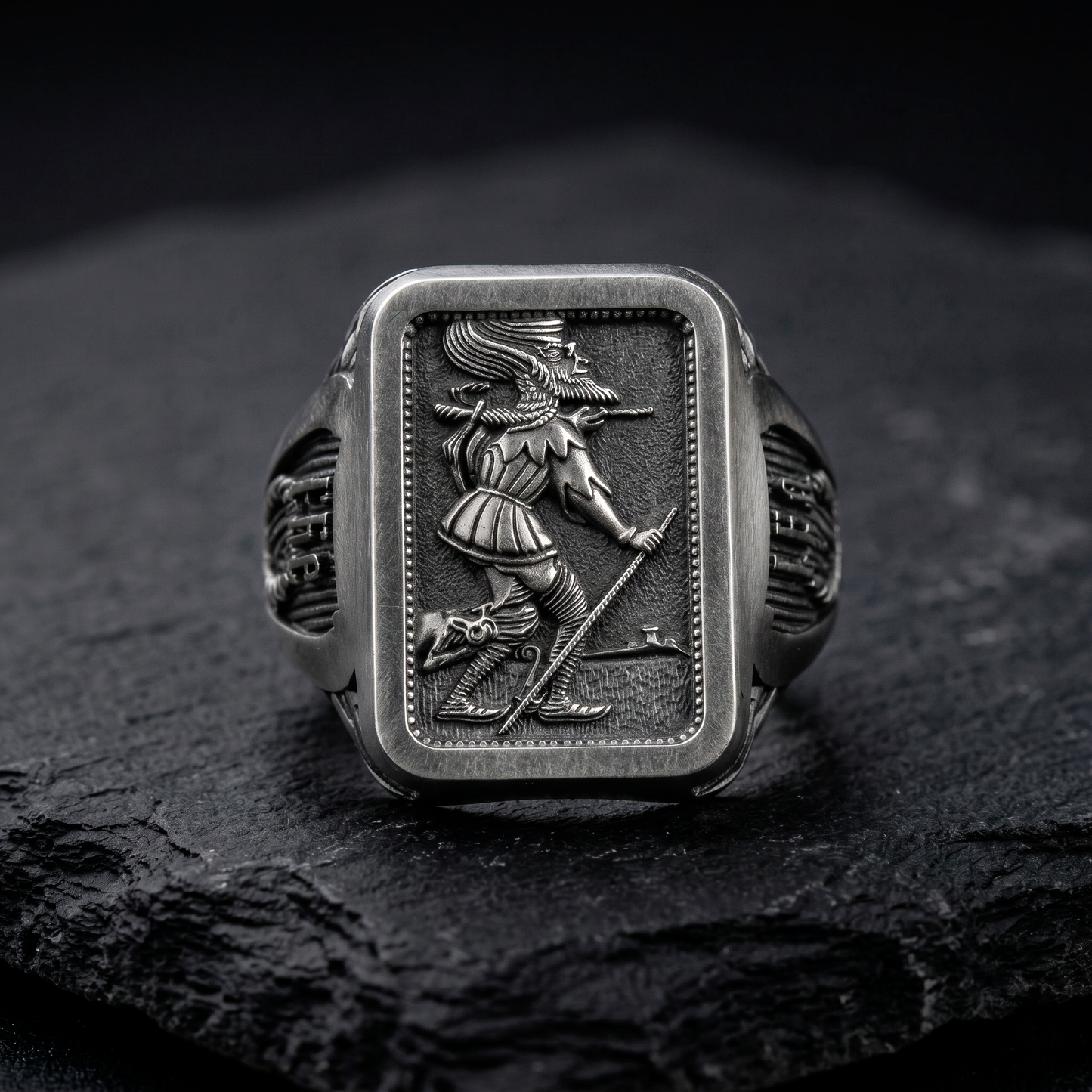 The Fool Tarot sterling silver ring by INDIGO Jewelry Atelier standing view, symbolic tarot signet ring in oxidized silver