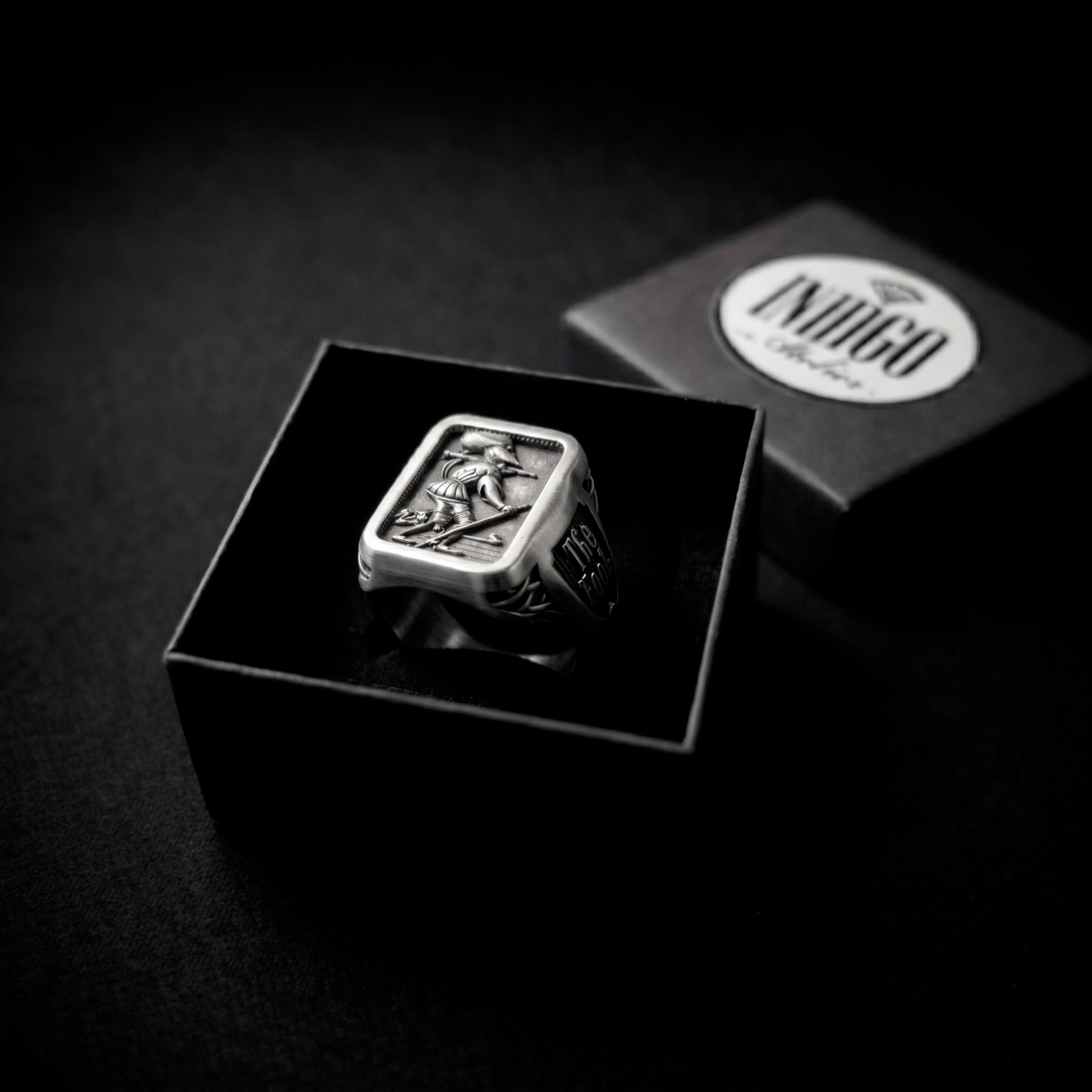 The Fool Tarot sterling silver signet ring by INDIGO Jewelry Atelier presented in luxury jewelry gift box