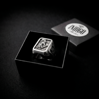 The Fool Tarot sterling silver signet ring by INDIGO Jewelry Atelier presented in luxury jewelry gift box
