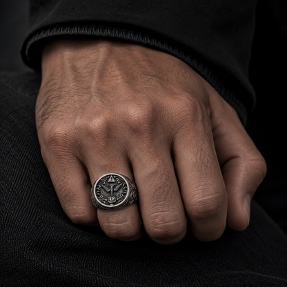 Blackened Thelema OTO sterling silver signet ring worn on male hand, occult esoteric mens jewelry, INDIGO Jewelry Atelier