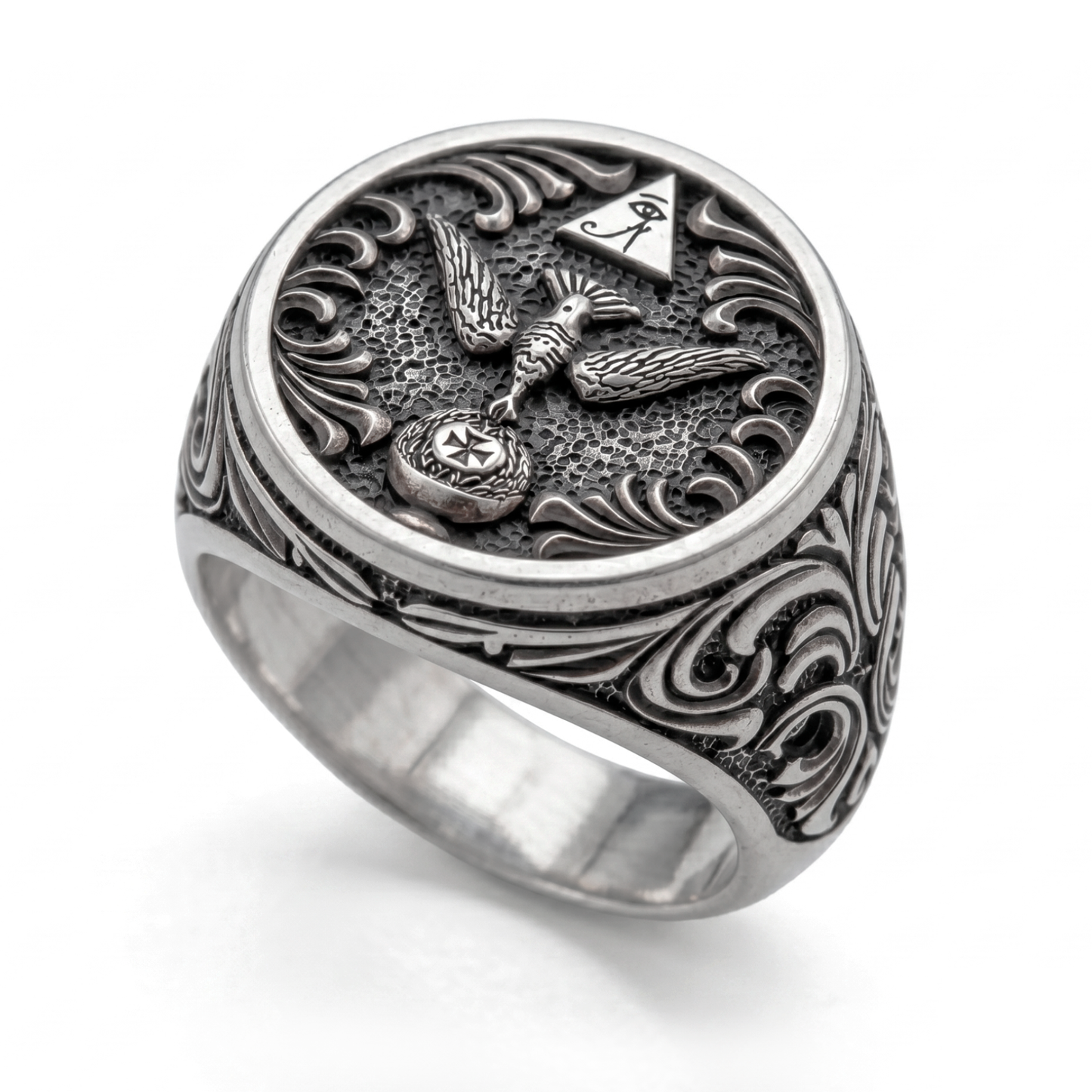 Thelema OTO sterling silver signet ring with Eye of Horus and dove symbol, blackened oxidized 925 silver mens ring, INDIGO Jewelry Atelier