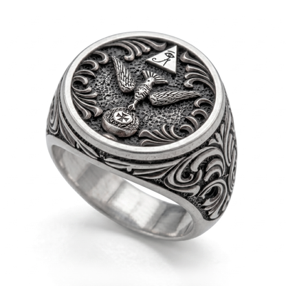 Thelema OTO sterling silver signet ring with Eye of Horus and dove symbol, blackened oxidized 925 silver mens ring, INDIGO Jewelry Atelier