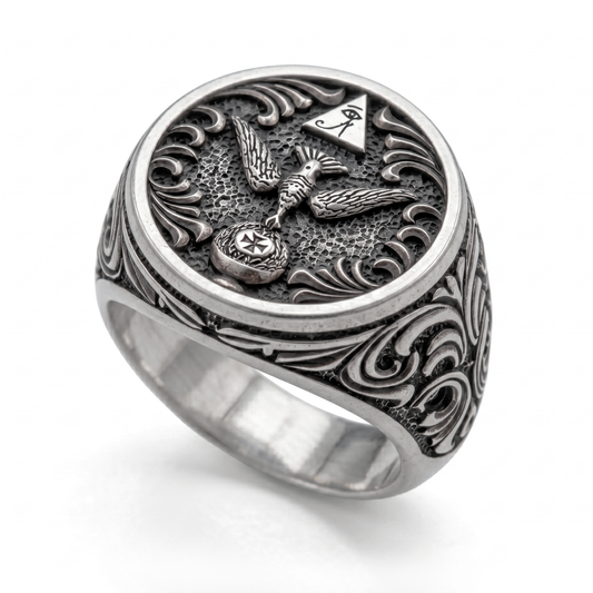 Thelema OTO sterling silver signet ring with Eye of Horus and dove symbol, blackened oxidized 925 silver mens ring, INDIGO Jewelry Atelier