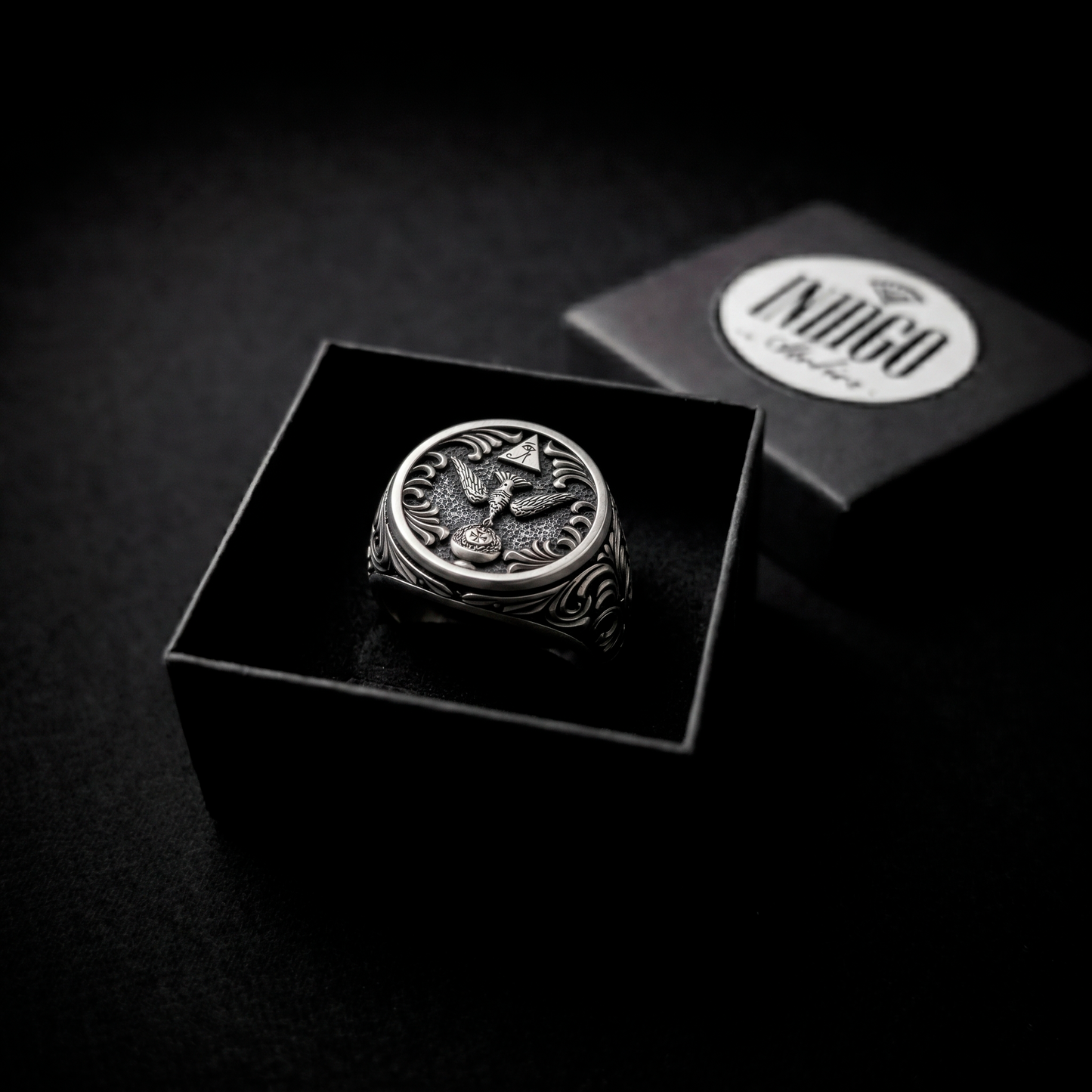Premium gift packaging with handcrafted Thelema sterling silver signet ring, luxury jewelry presentation box, INDIGO Jewelry Atelier