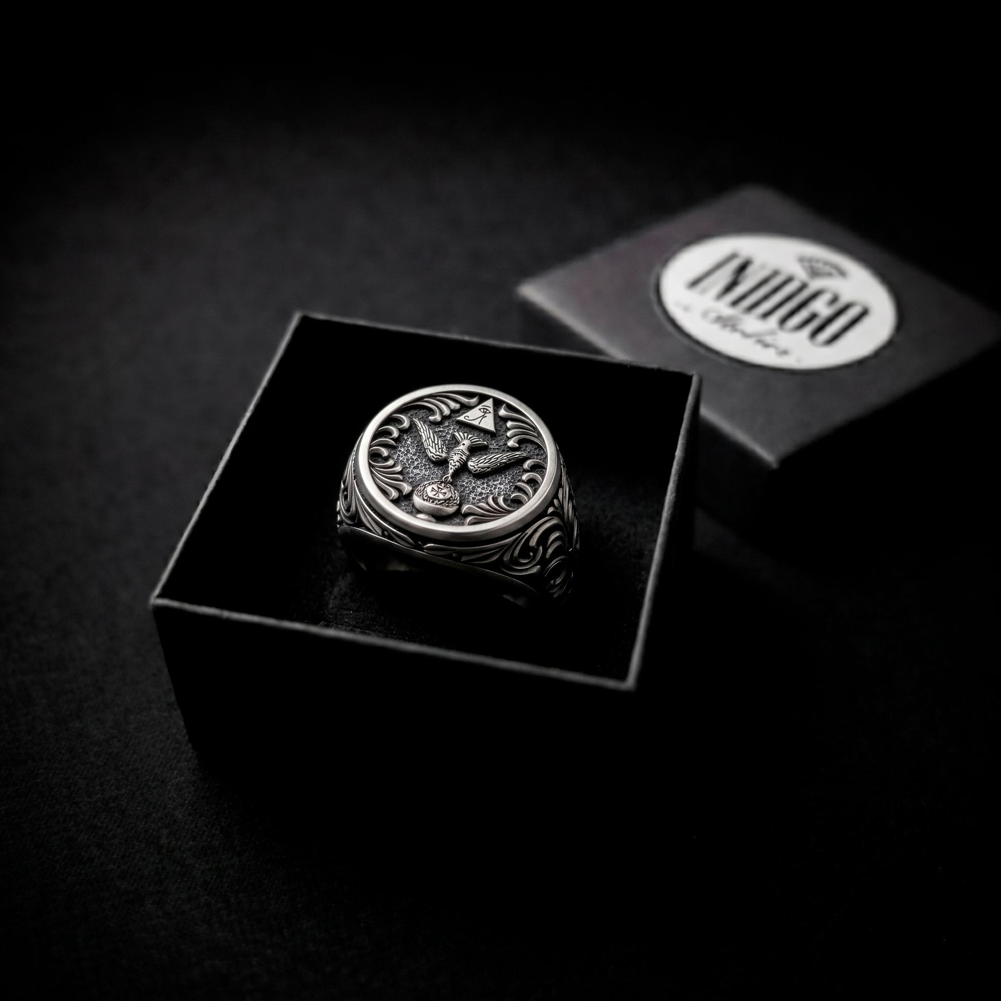 Premium gift packaging with handcrafted Thelema sterling silver signet ring, luxury jewelry presentation box, INDIGO Jewelry Atelier