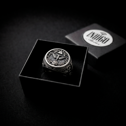 Premium gift packaging with handcrafted Thelema sterling silver signet ring, luxury jewelry presentation box, INDIGO Jewelry Atelier