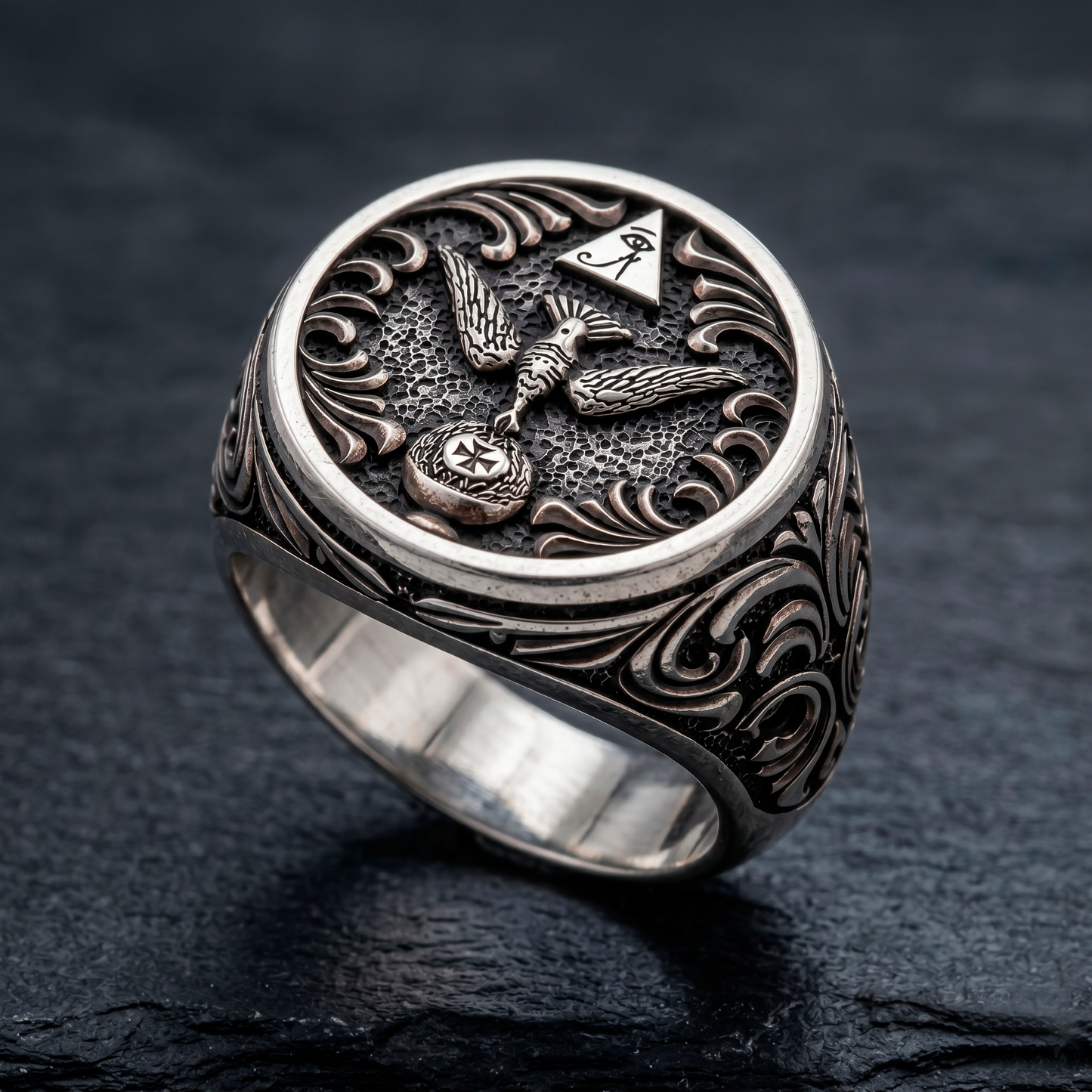 Handcrafted Thelema OTO signet ring on black slate, oxidized sterling silver occult mens jewelry, INDIGO Jewelry Atelier