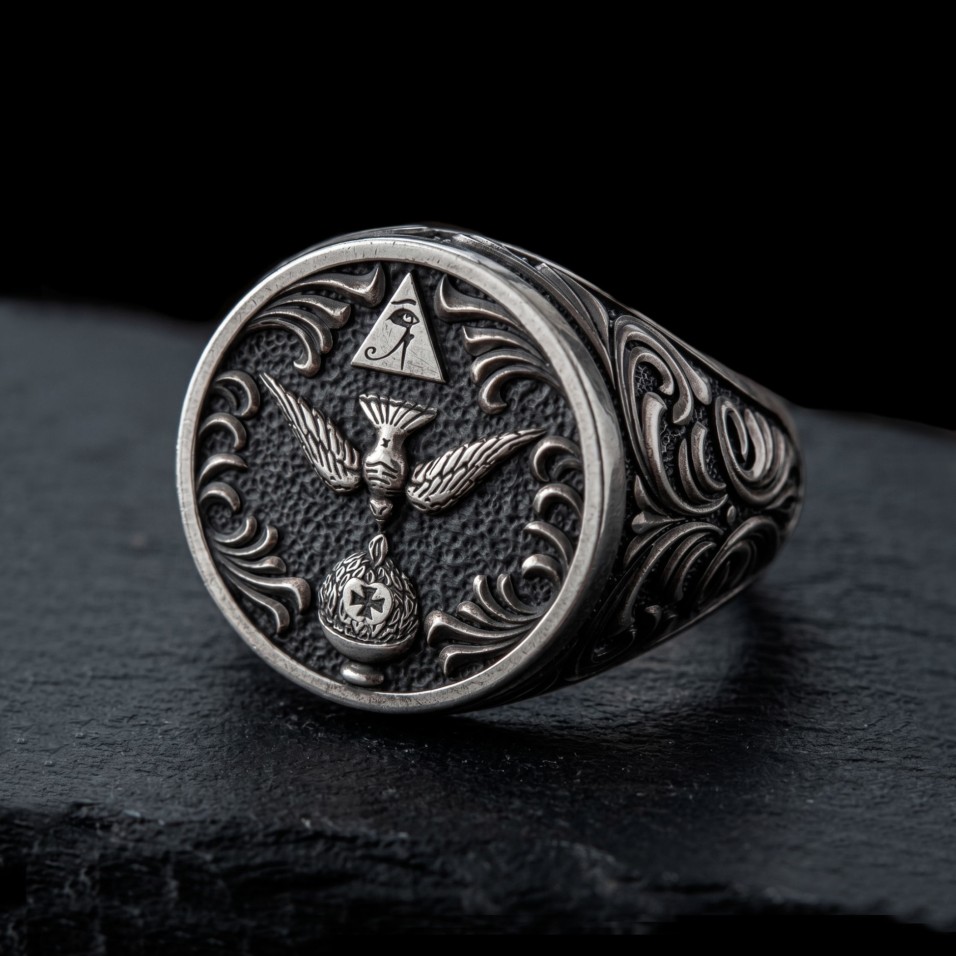 Side view of Thelema OTO sterling silver signet ring with ornamental engraved shank, blackened silver 925, INDIGO Jewelry Atelier
