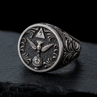 Side view of Thelema OTO sterling silver signet ring with ornamental engraved shank, blackened silver 925, INDIGO Jewelry Atelier