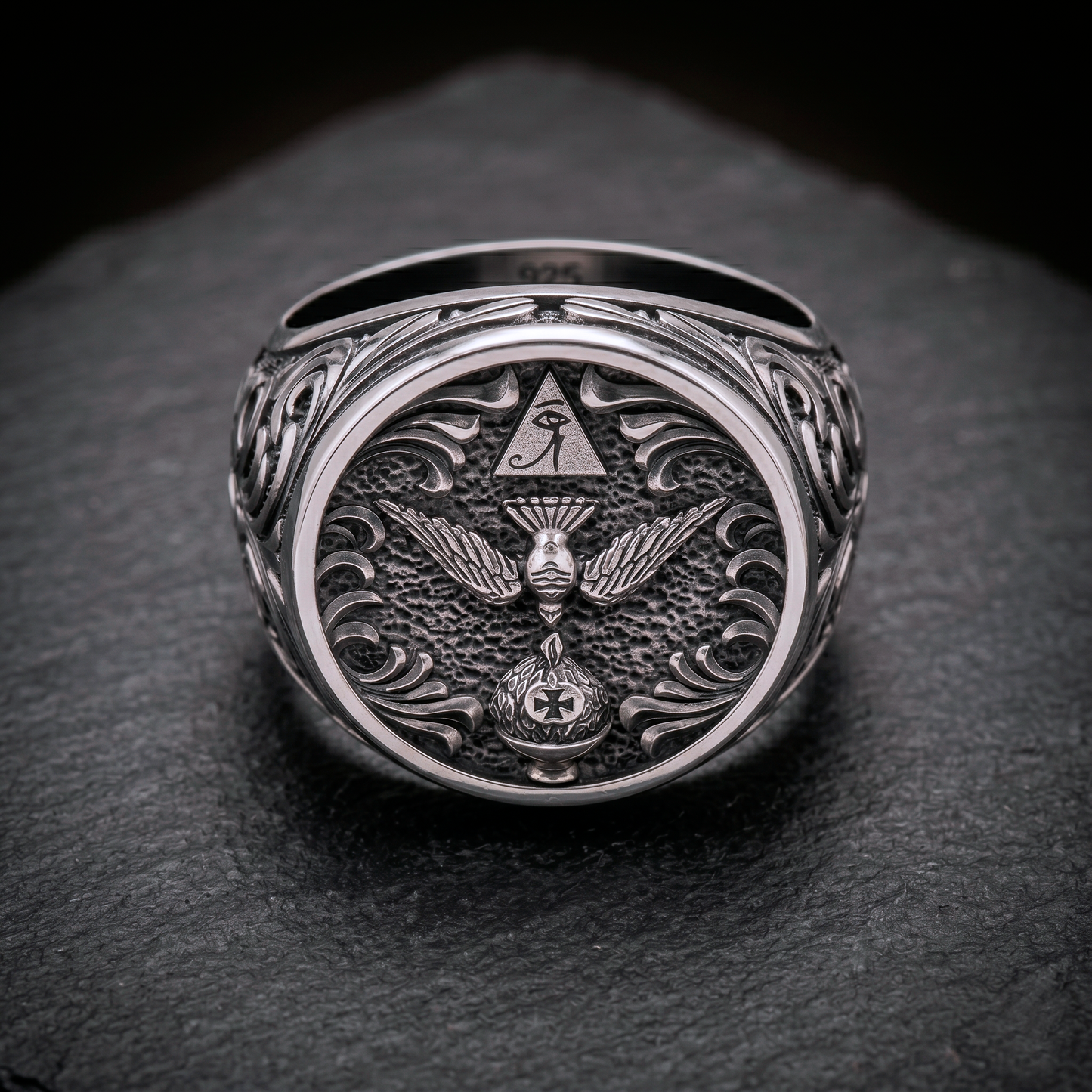 Front view of Thelema occult signet ring featuring symbolic esoteric details in oxidized sterling silver, INDIGO Jewelry Atelier