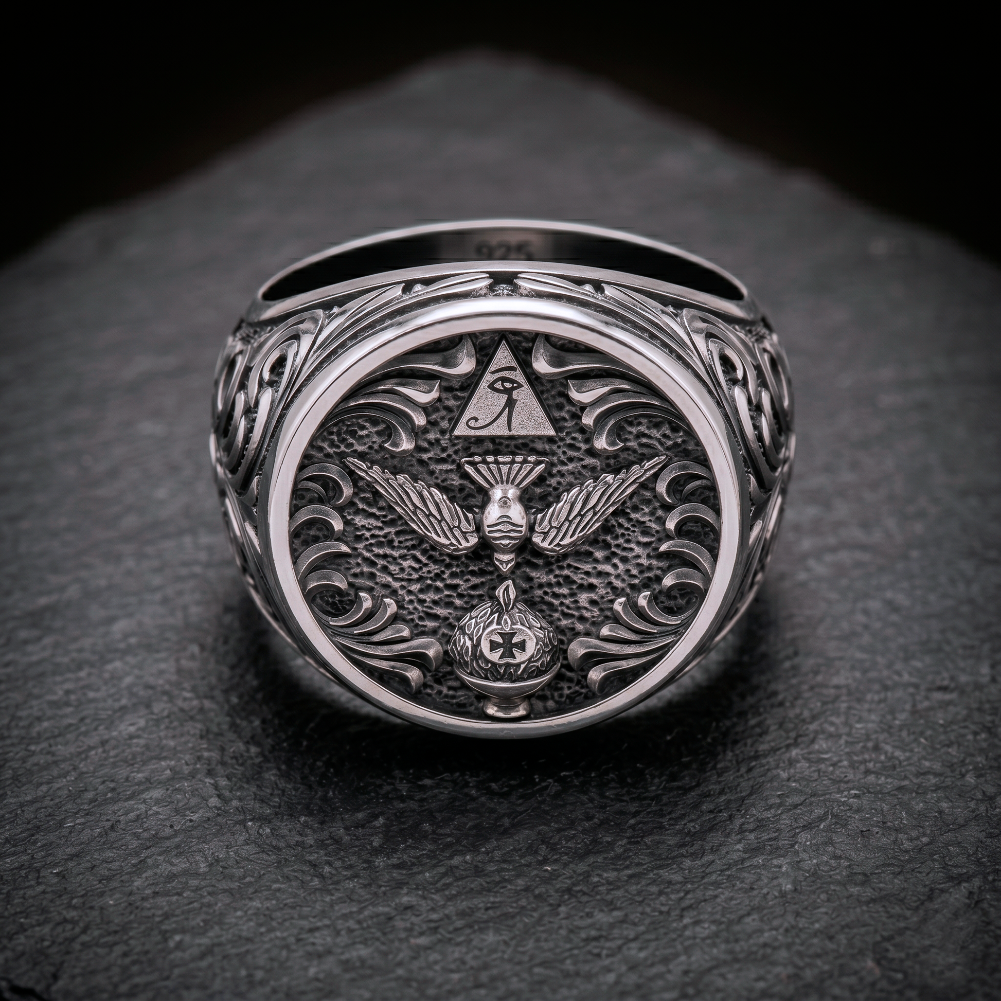 Front view of Thelema occult signet ring featuring symbolic esoteric details in oxidized sterling silver, INDIGO Jewelry Atelier