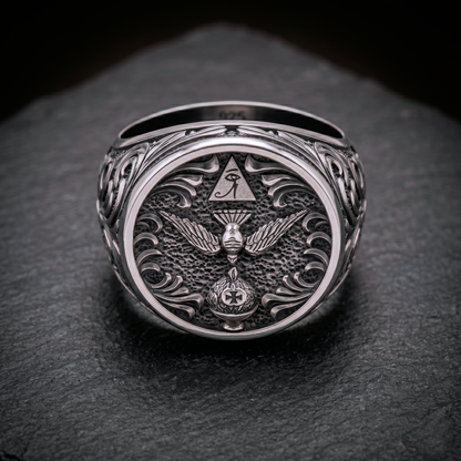Front view of Thelema occult signet ring featuring symbolic esoteric details in oxidized sterling silver, INDIGO Jewelry Atelier