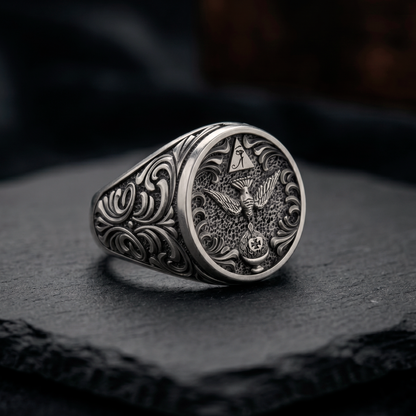 Angled close-up of Thelema OTO mens signet ring with antique blackened silver finish, handcrafted jewelry, INDIGO Jewelry Atelier