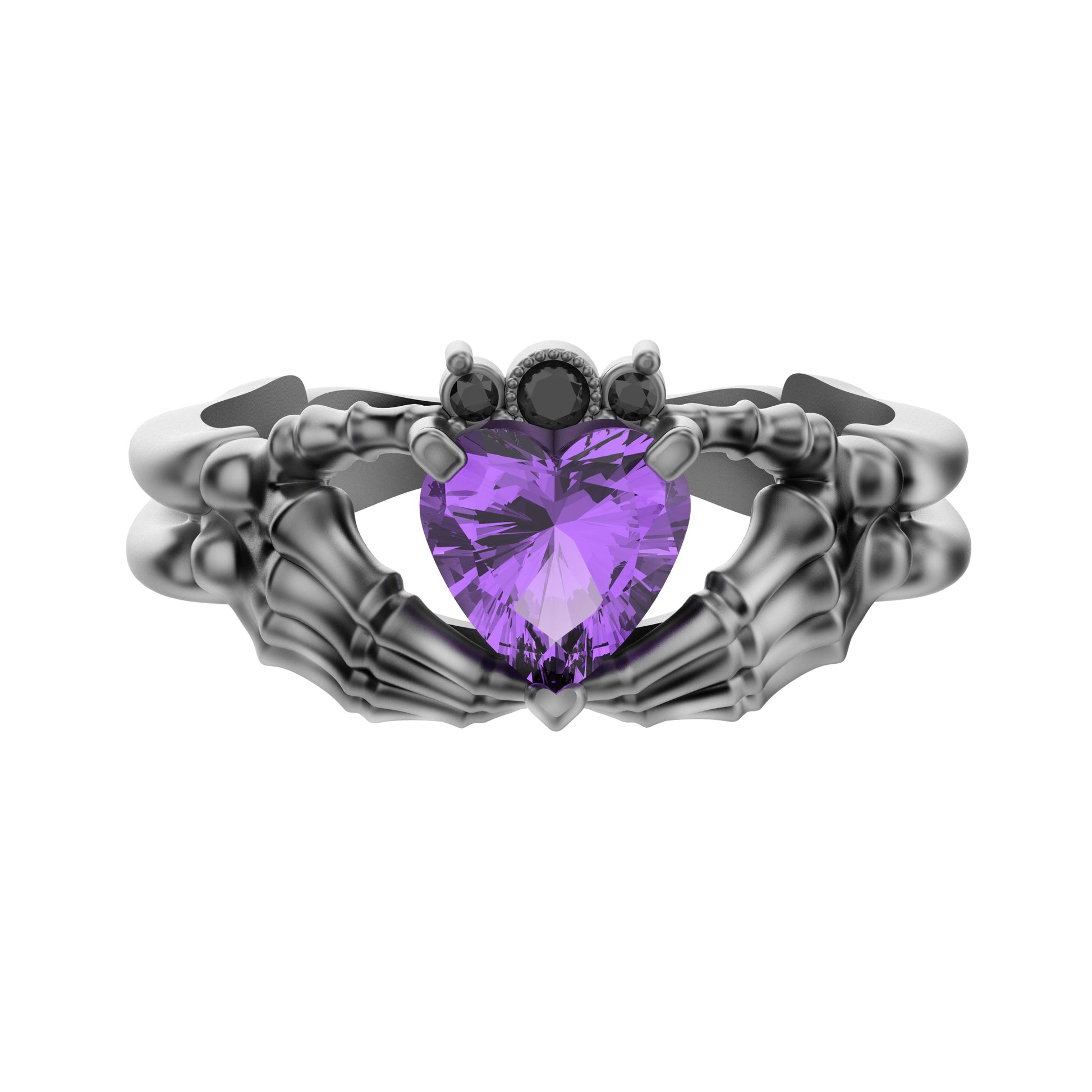 Claddagh Ring Amethyst CZ Heart Gem Sterling Silver Gothic Skull Engagement Ring