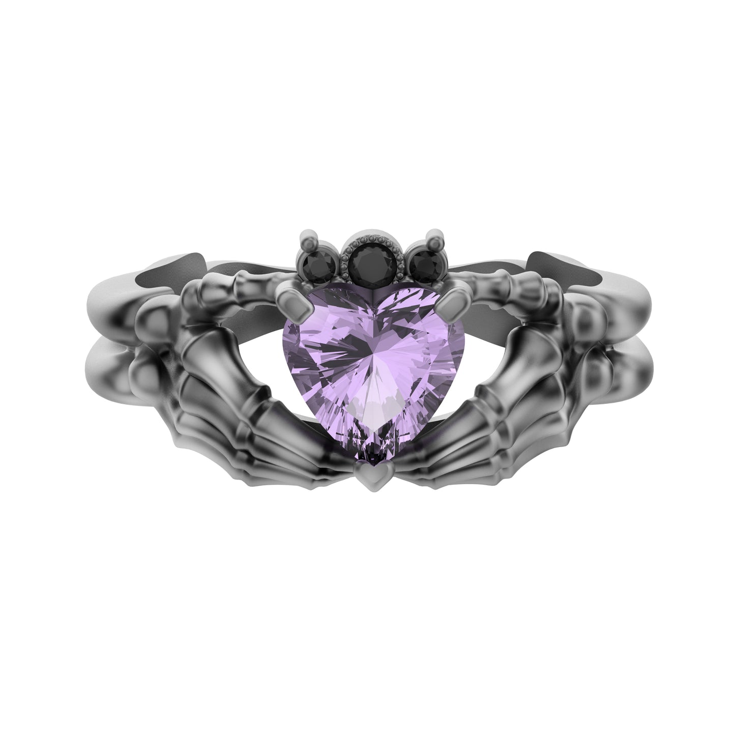 Claddagh Ring Lavander CZ Heart Gem Sterling Silver Gothic Skull Engagement Ring