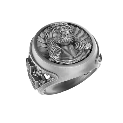 The Suffering of Jesus Christ Round Top Signet Men's Silver Ring