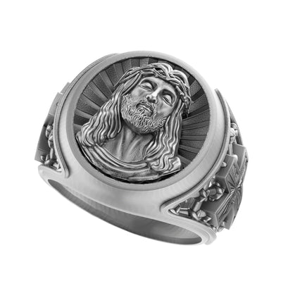 The Suffering of Jesus Christ Round Top Signet Men's Silver Ring