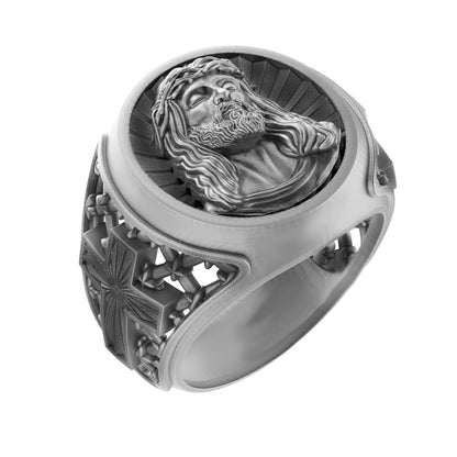 The Suffering of Jesus Christ Round Top Signet Men's Silver Ring