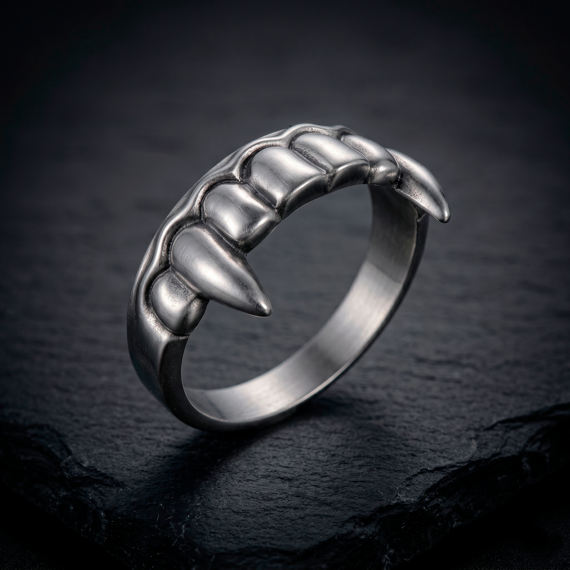 Top view of gothic Vampire Fangs Ring in sterling silver by INDIGO Jewelry Atelier