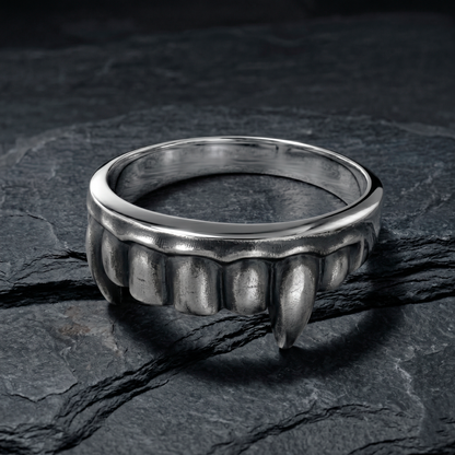 Angled view of sterling silver Vampire Fangs Ring by INDIGO Jewelry Atelier