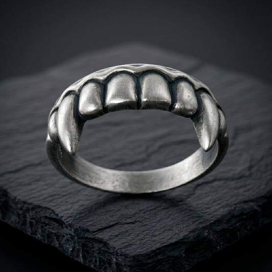 Front view of Vampire Fangs Ring in solid sterling silver by INDIGO Jewelry Atelier