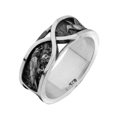 Sterling silver unisex ring symbolizing war and peace, duality, and eternity. Designed as an artistic memento mori piece, this stoic ring features minimalist curves representing the opposing forces of life — love and destruction, light and darkness. A unique philosophical band for men and women, inspired by the nature of dualism and the inevitability of transformation.