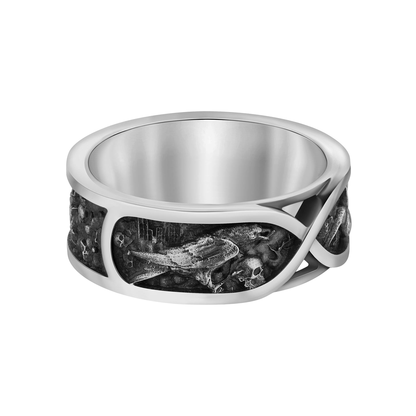 Sterling silver unisex ring symbolizing war and peace, duality, and eternity. Designed as an artistic memento mori piece, this stoic ring features minimalist curves representing the opposing forces of life — love and destruction, light and darkness. A unique philosophical band for men and women, inspired by the nature of dualism and the inevitability of transformation.