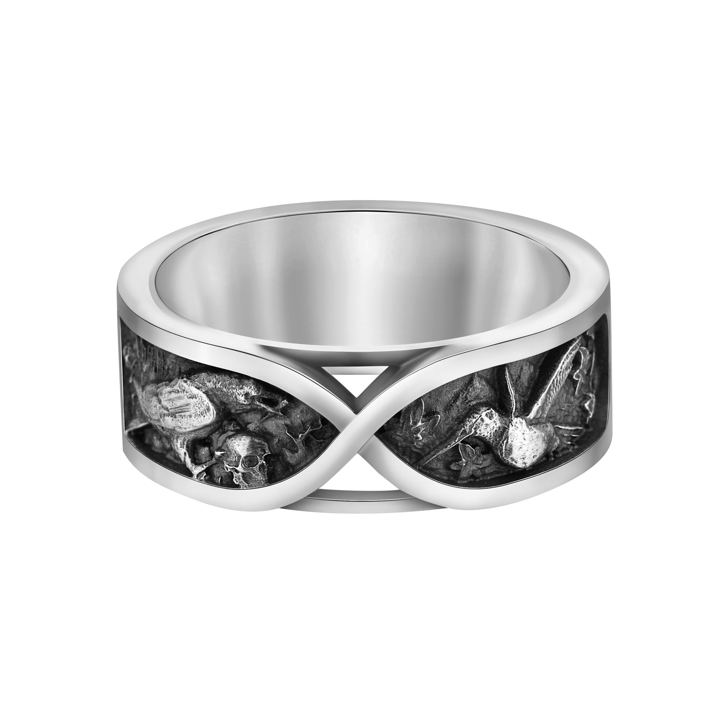 Sterling silver unisex ring symbolizing war and peace, duality, and eternity. Designed as an artistic memento mori piece, this stoic ring features minimalist curves representing the opposing forces of life — love and destruction, light and darkness. A unique philosophical band for men and women, inspired by the nature of dualism and the inevitability of transformation.