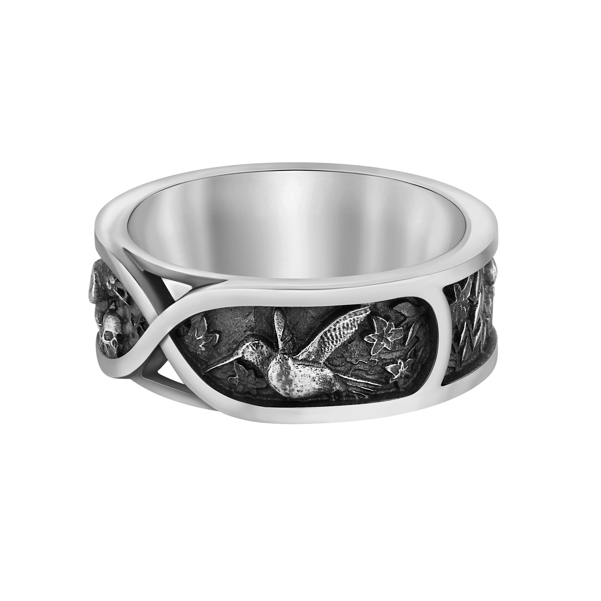 Sterling silver unisex ring symbolizing war and peace, duality, and eternity. Designed as an artistic memento mori piece, this stoic ring features minimalist curves representing the opposing forces of life — love and destruction, light and darkness. A unique philosophical band for men and women, inspired by the nature of dualism and the inevitability of transformation.