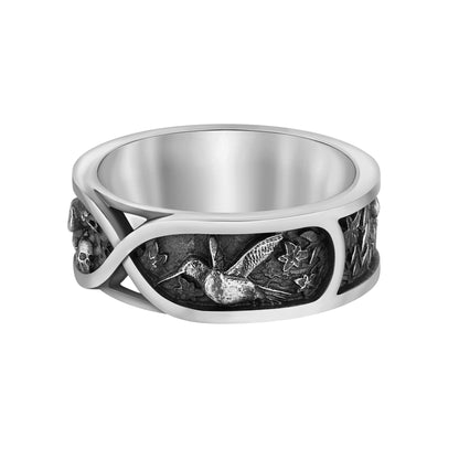 Sterling silver unisex ring symbolizing war and peace, duality, and eternity. Designed as an artistic memento mori piece, this stoic ring features minimalist curves representing the opposing forces of life — love and destruction, light and darkness. A unique philosophical band for men and women, inspired by the nature of dualism and the inevitability of transformation.