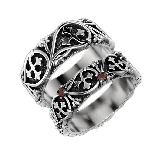 Gothic Garnet Silver Wedding Bands, Intricately Crafted Vintage Style Rings