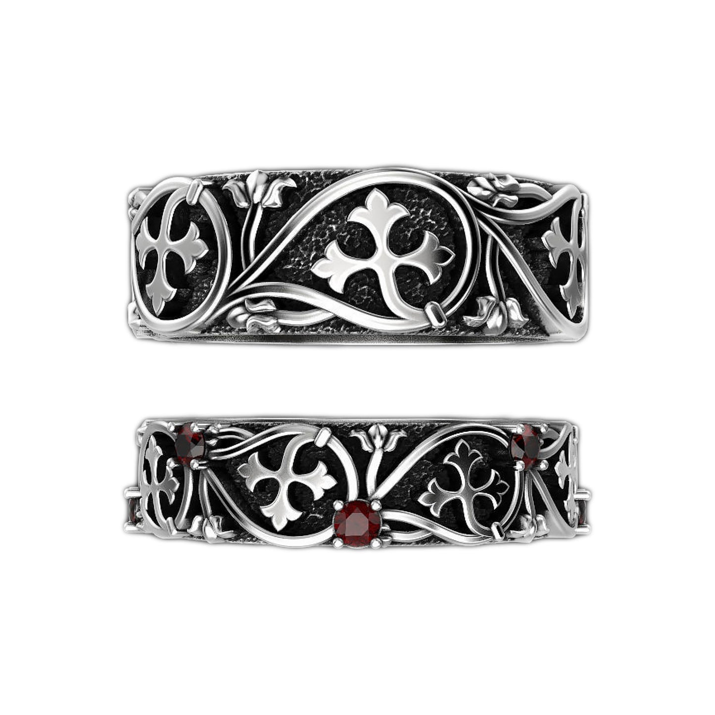 Gothic Garnet Silver Wedding Bands, Intricately Crafted Vintage Style Rings