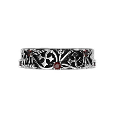 Gothic Garnet Silver Wedding Bands, Intricately Crafted Vintage Style Rings