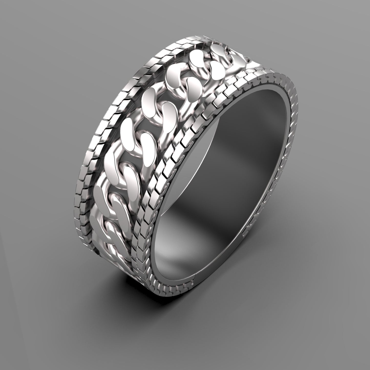 Cuban Link Ring, Chain Band Mens Sterling Silver Ring