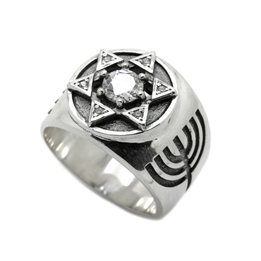 King David Star Jewish Israel Menorah Judaica Jewelry Mens Sterling Silver Ring