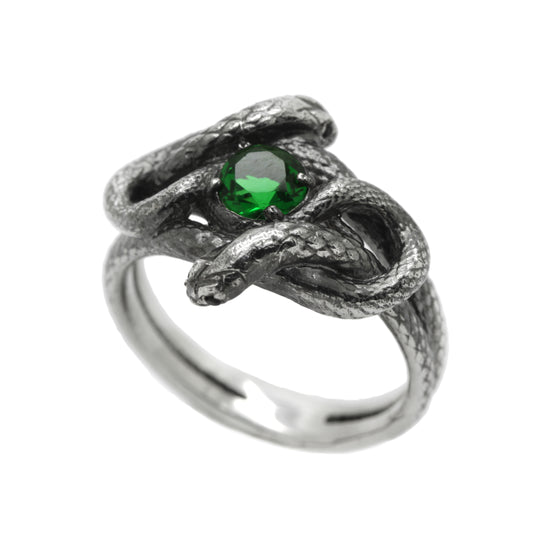 Hadí uzel se zeleným drahokamem, dámský stříbrný prsten