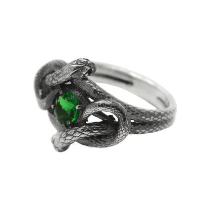 Snakes Knot with Green Gemstone, Women Sterling Silver Ring