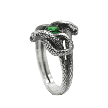 Snakes Knot with Green Gemstone, Women Sterling Silver Ring