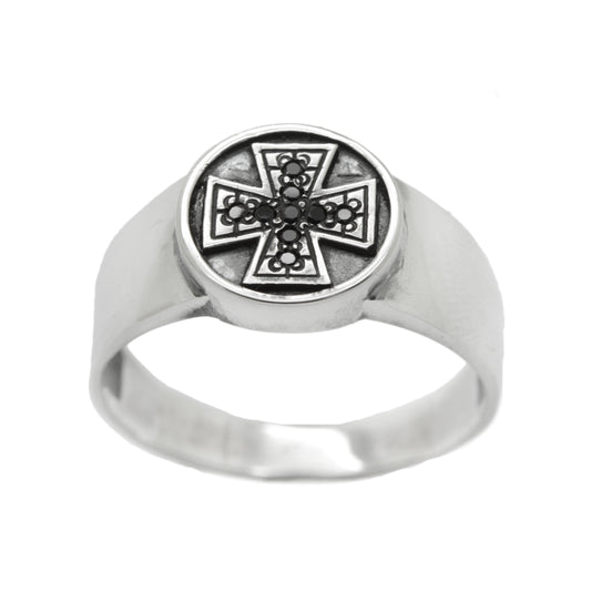 Knight's Cross Small Round Top Men's Sterling Silver Ring with Black Zircons