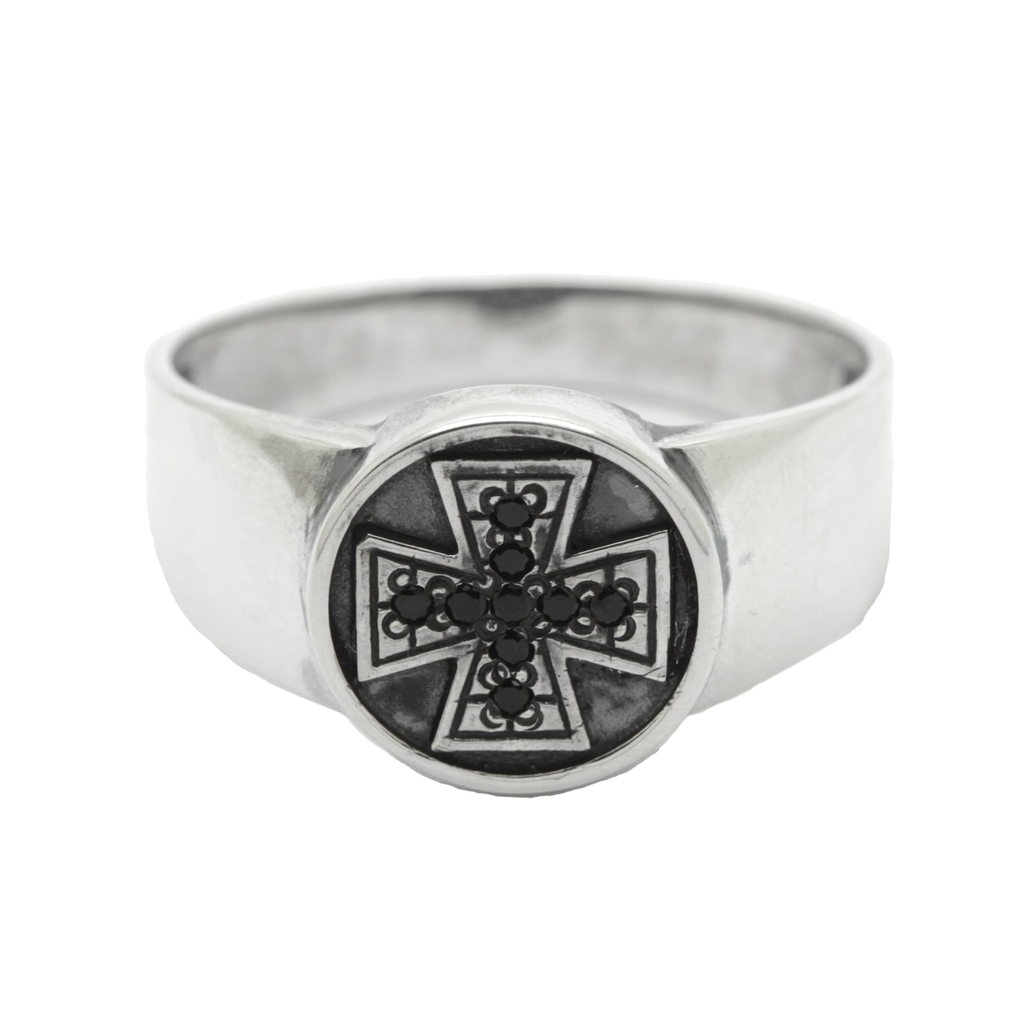Knight's Cross Small Round Top Men's Sterling Silver Ring with Black Zircons