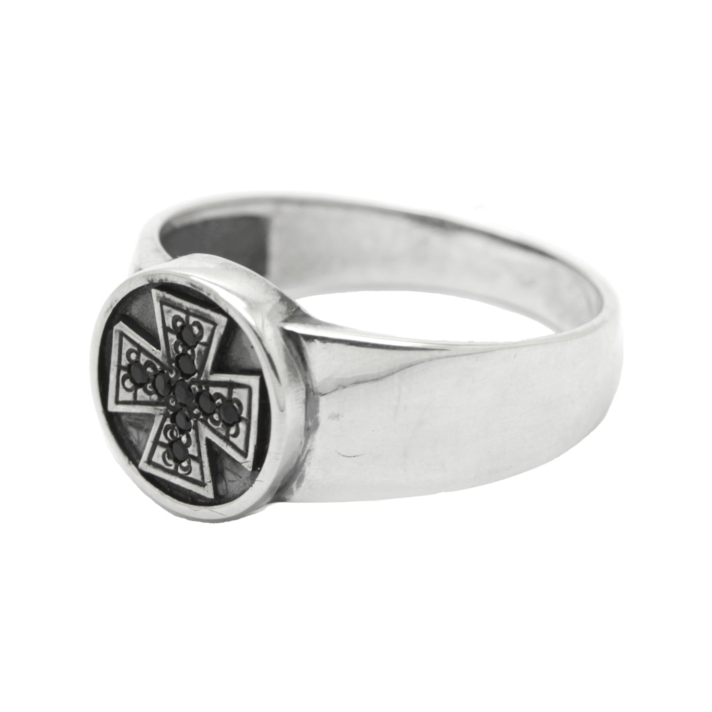 Knight's Cross Small Round Top Men's Sterling Silver Ring with Black Zircons