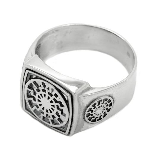 Black Sun Symbol, Sun Wheel Colovrat Mens Square Top Signet Ring